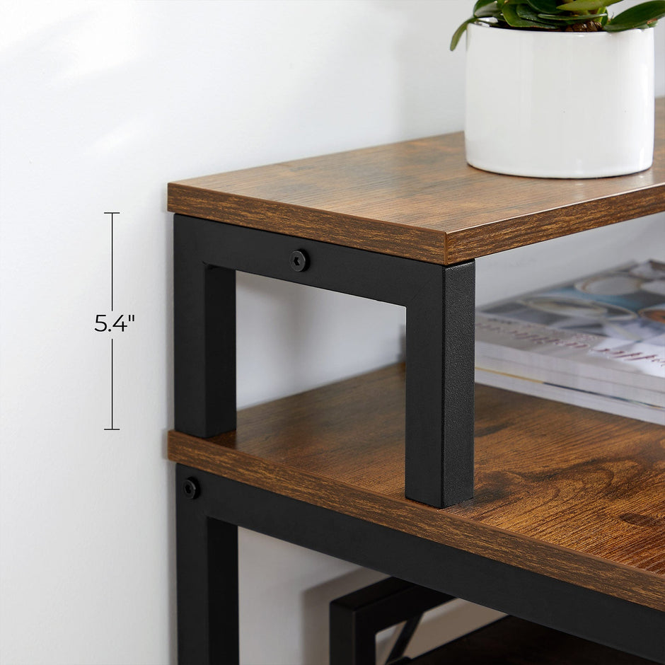 Writing Study Desk – Wood and Metal – Rustic Brown and Black – Monitor Stand and File Storage Shelves