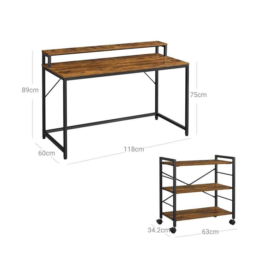 Writing Study Desk – Wood and Metal – Rustic Brown and Black – Monitor Stand and File Storage Shelves