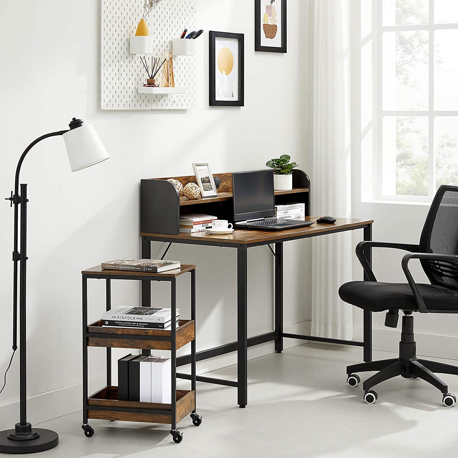 Writing Desk – Steel – Rustic Brown and Black – With Monitor Stand and Cable Management