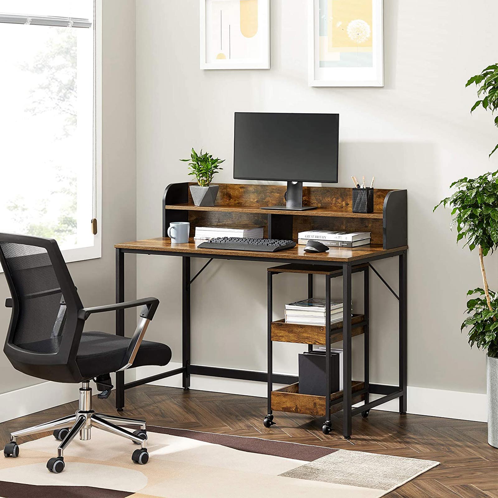 Writing Desk – Steel – Rustic Brown and Black – With Monitor Stand and Cable Management