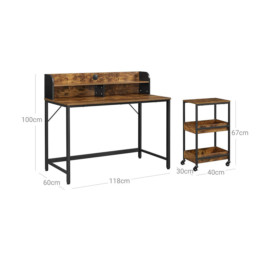 Writing Desk – Steel – Rustic Brown and Black – With Monitor Stand and Cable Management