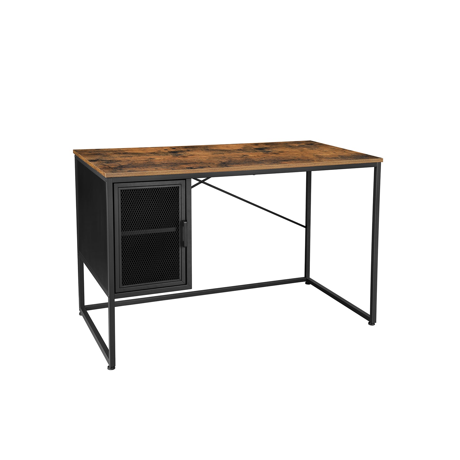 Writing Desk – Steel – Rustic Brown and Black – Includes Mesh Door Cabinet with Adjustable Shelf