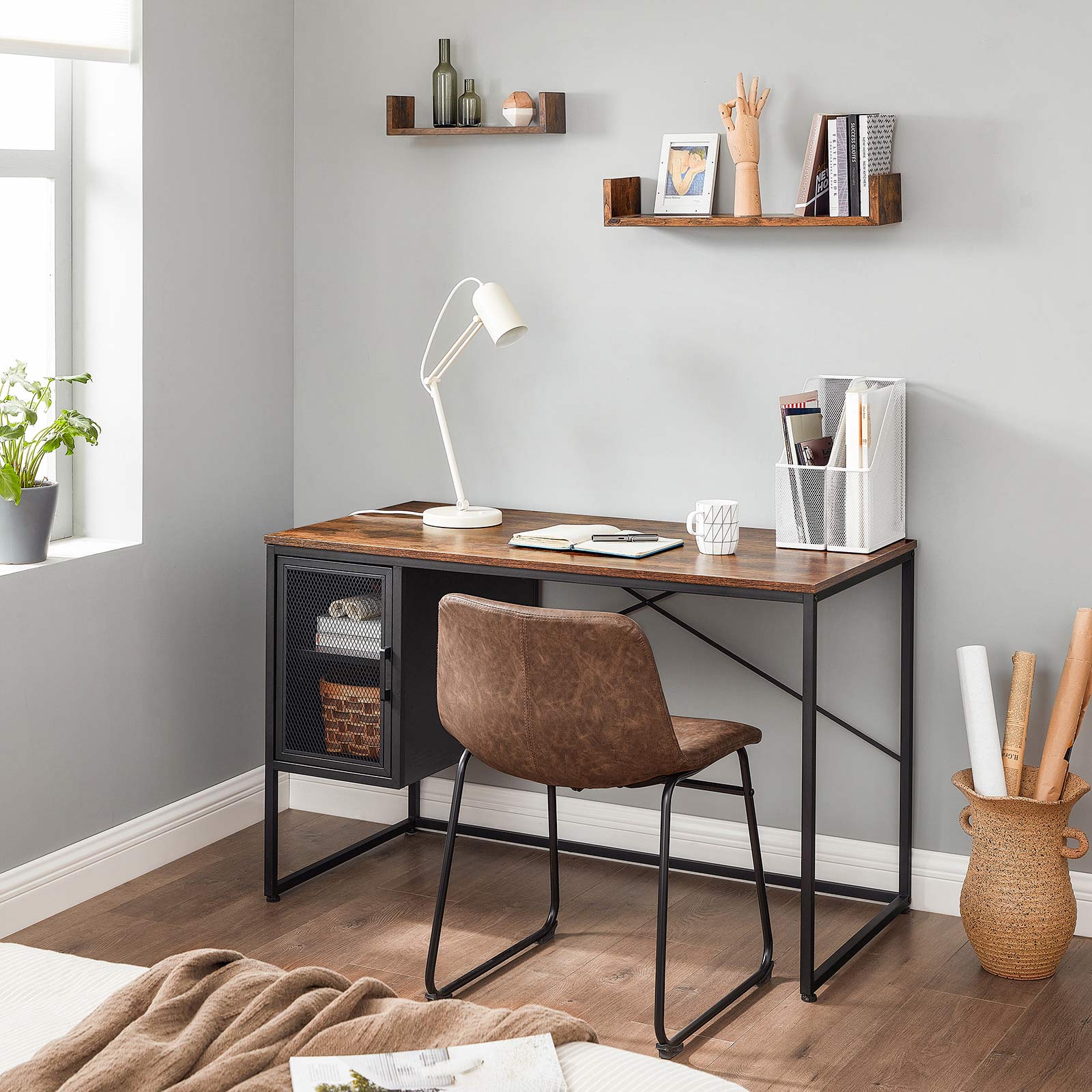 Writing Desk – Steel – Rustic Brown and Black – Includes Mesh Door Cabinet with Adjustable Shelf