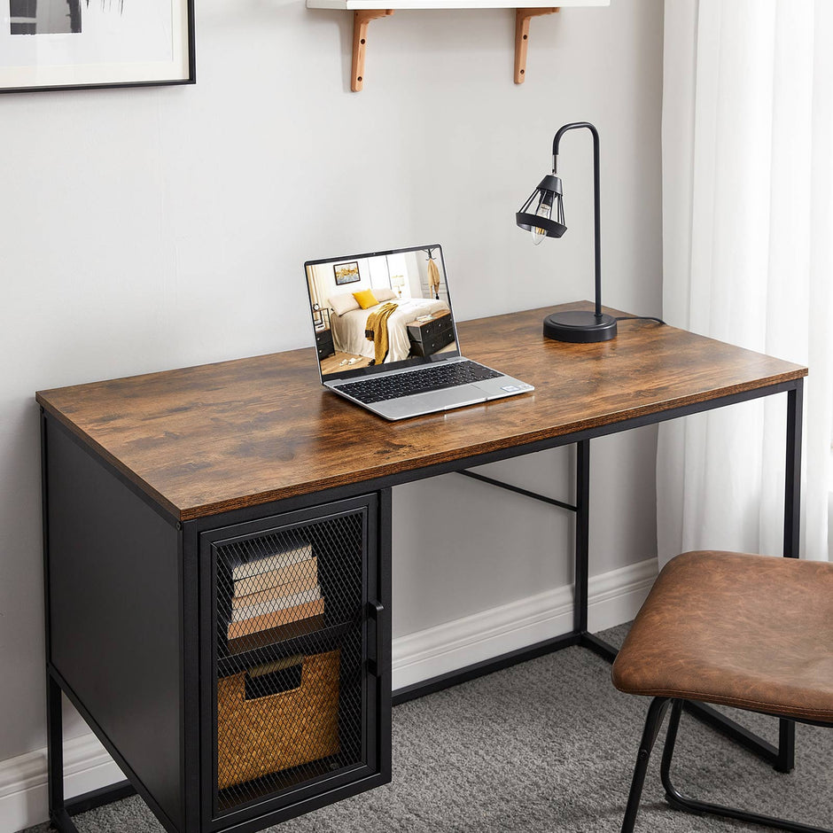 Writing Desk – Steel – Rustic Brown and Black – Includes Mesh Door Cabinet with Adjustable Shelf