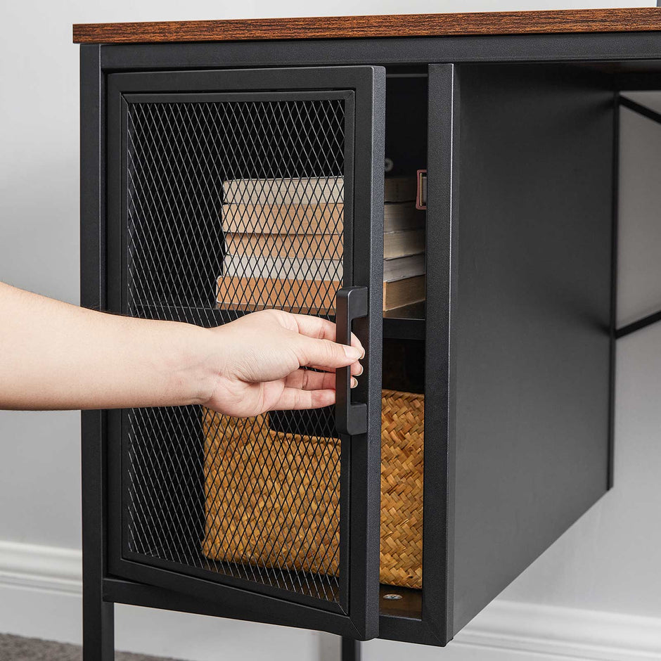Writing Desk – Steel – Rustic Brown and Black – Includes Mesh Door Cabinet with Adjustable Shelf