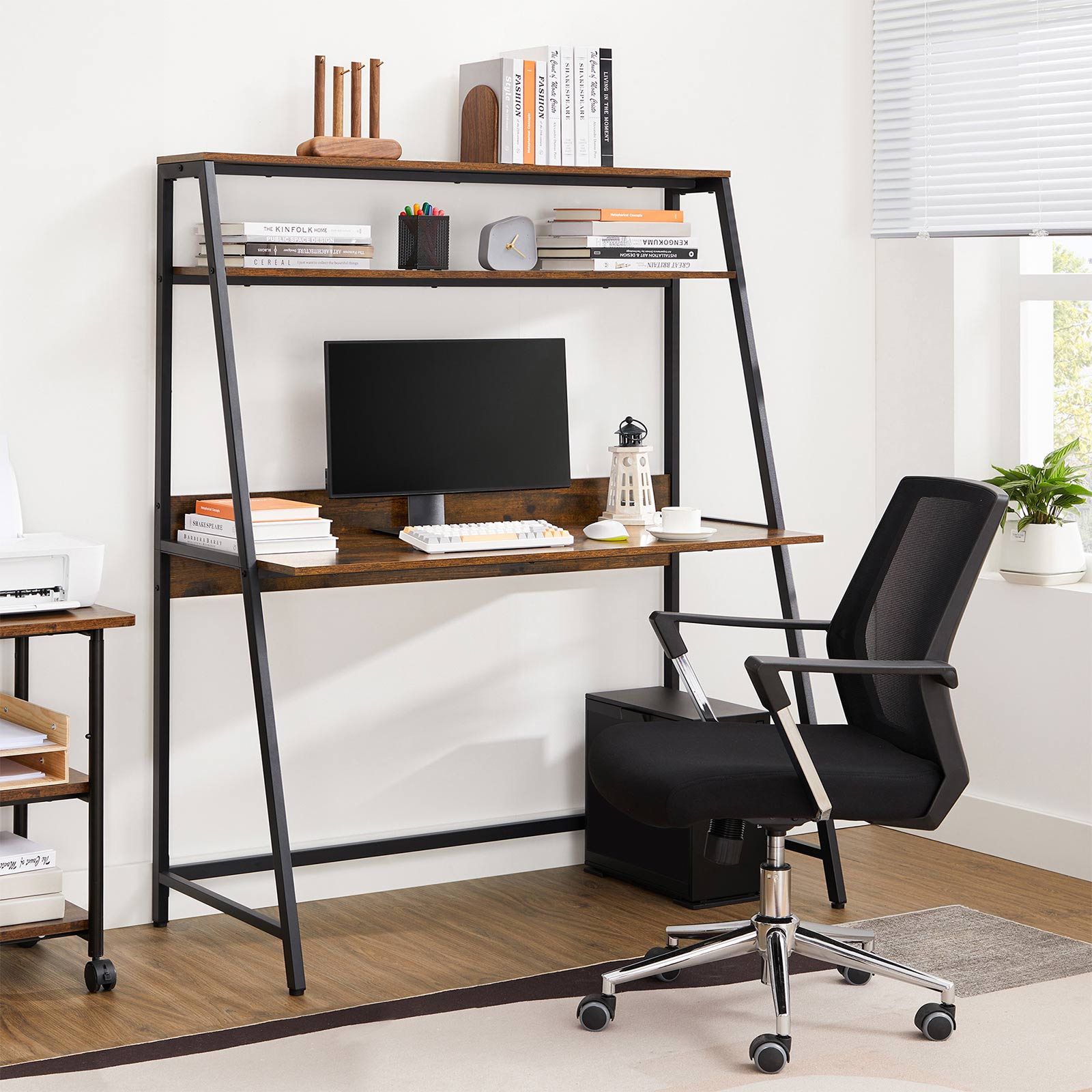 Computer Desk – Wood – Rustic Brown and Black – Multifunctional Storage Shelves