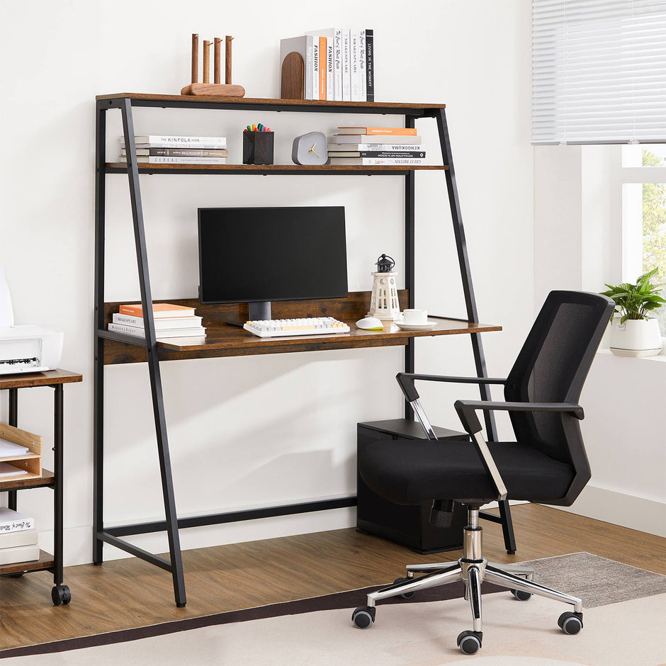Computer Desk – Wood – Rustic Brown and Black – Multifunctional Storage Shelves