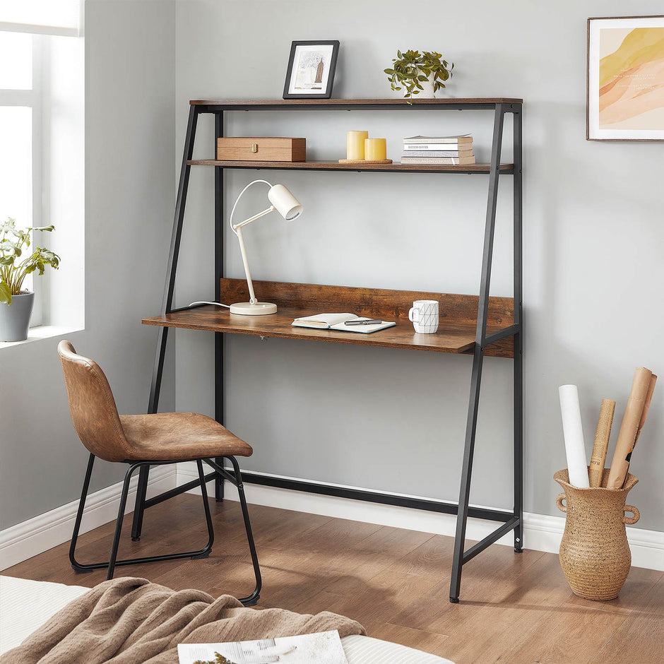 Computer Desk – Wood – Rustic Brown and Black – Multifunctional Storage Shelves