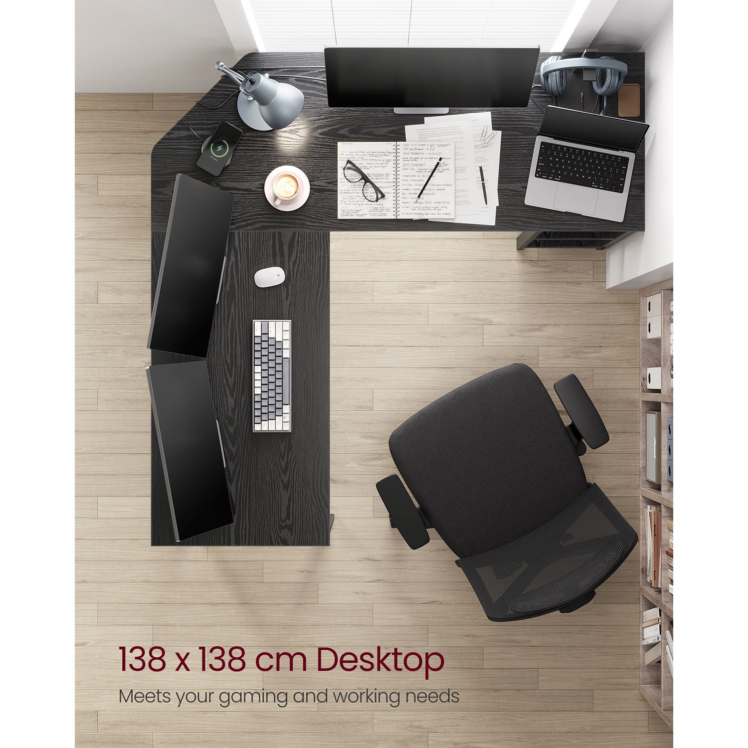 L-Shaped Corner Desk – Wood – Rustic Brown – Industrial Design with Shelf