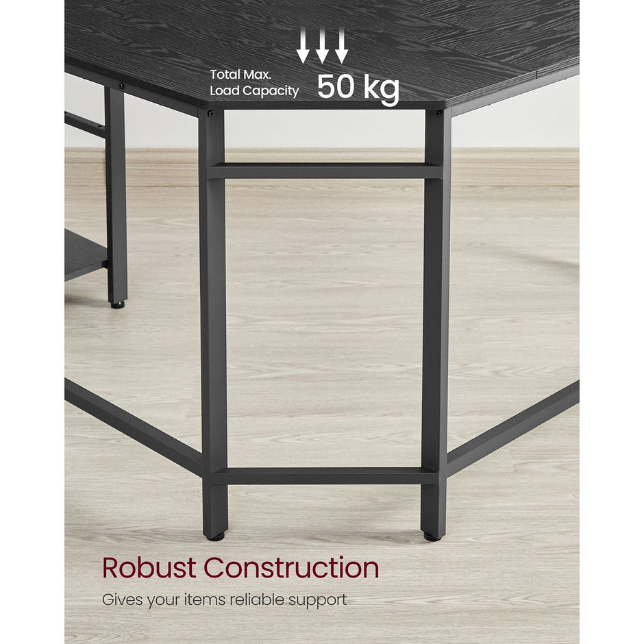 L-Shaped Corner Desk – Wood – Rustic Brown – Industrial Design with Shelf