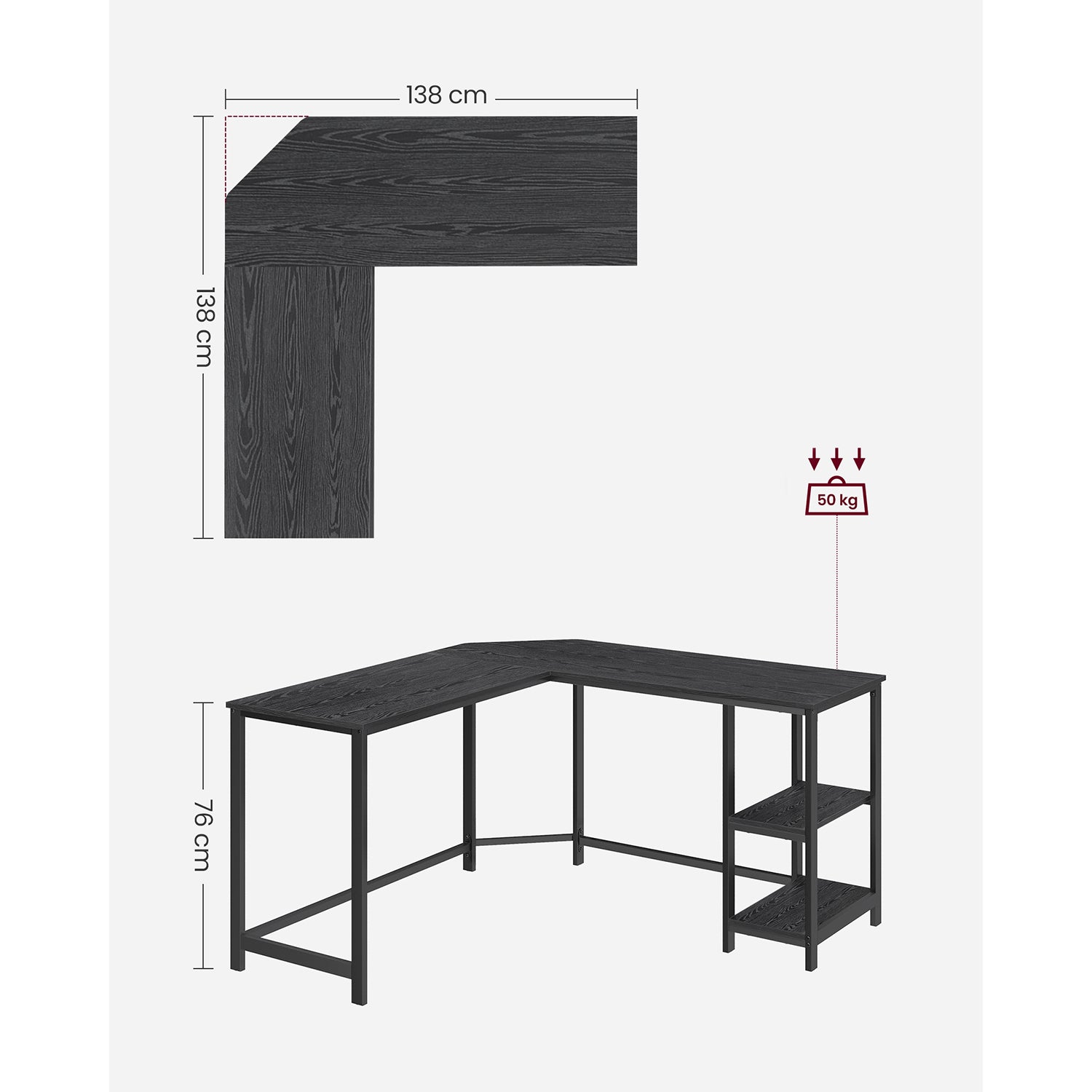 L-Shaped Corner Desk – Wood – Rustic Brown – Industrial Design with Shelf