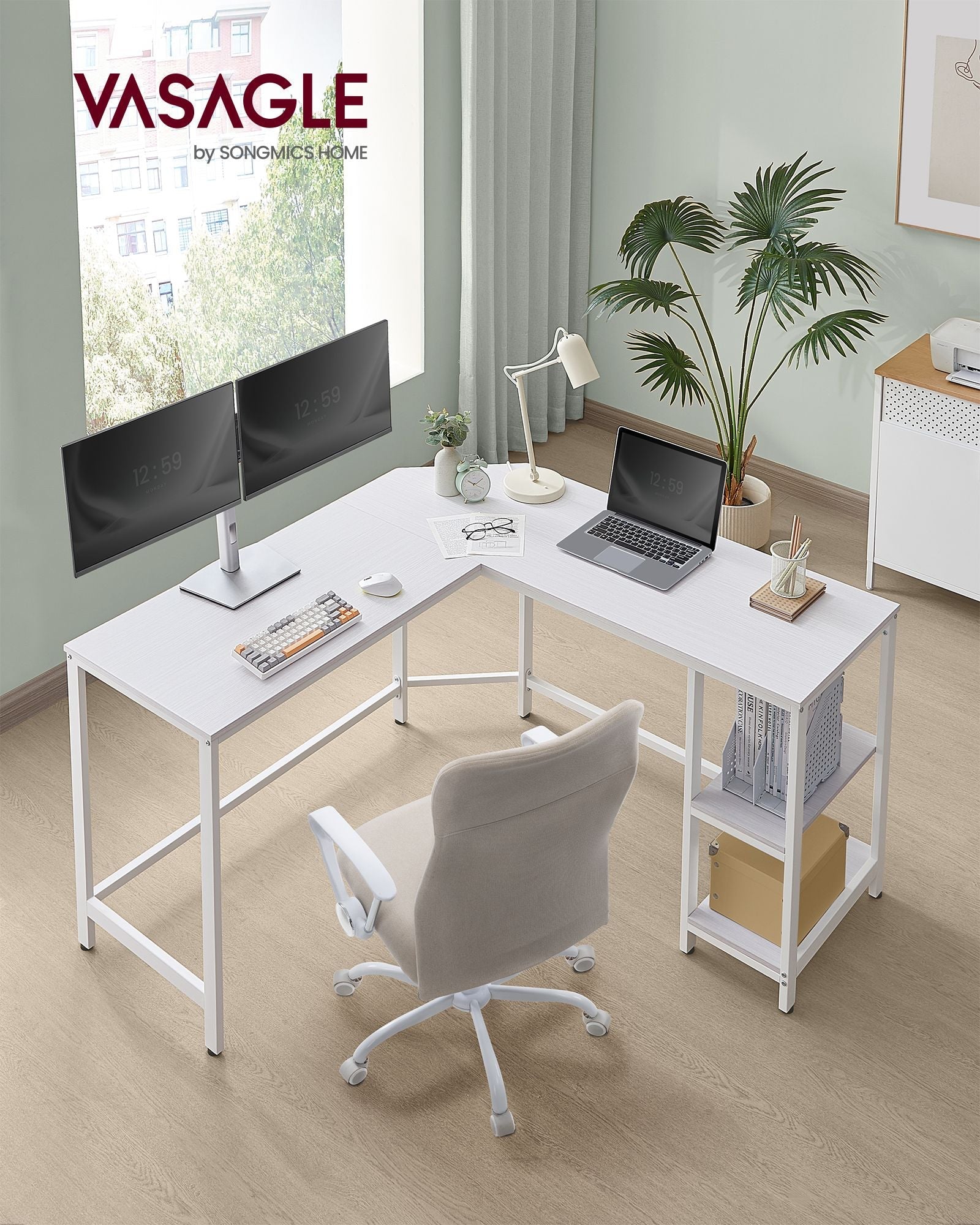 L-Shaped Corner Computer Desk – Wood – Rustic Brown – Space-Saving Design with Shelf