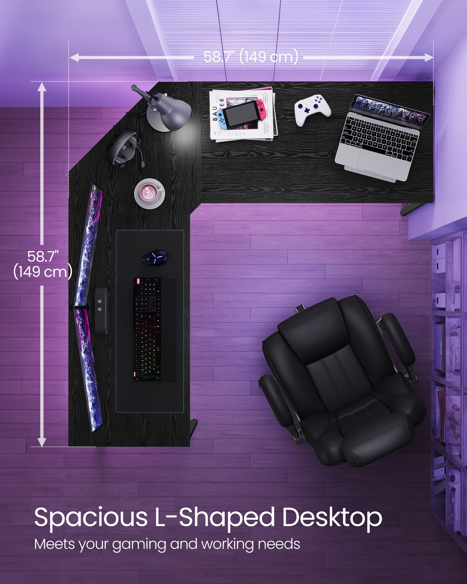 L-Shaped Computer Desk – Wood – Ebony Black and Ink Black – Industrial Design, Space-Saving