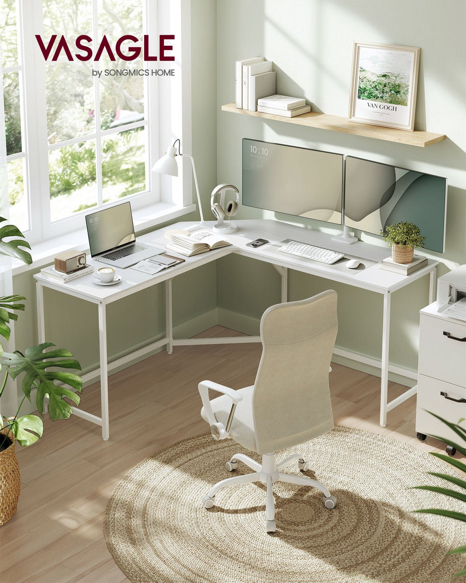 L-Shaped Gaming Desk – Maple and White – Space-Saving Design – Easy Assembly