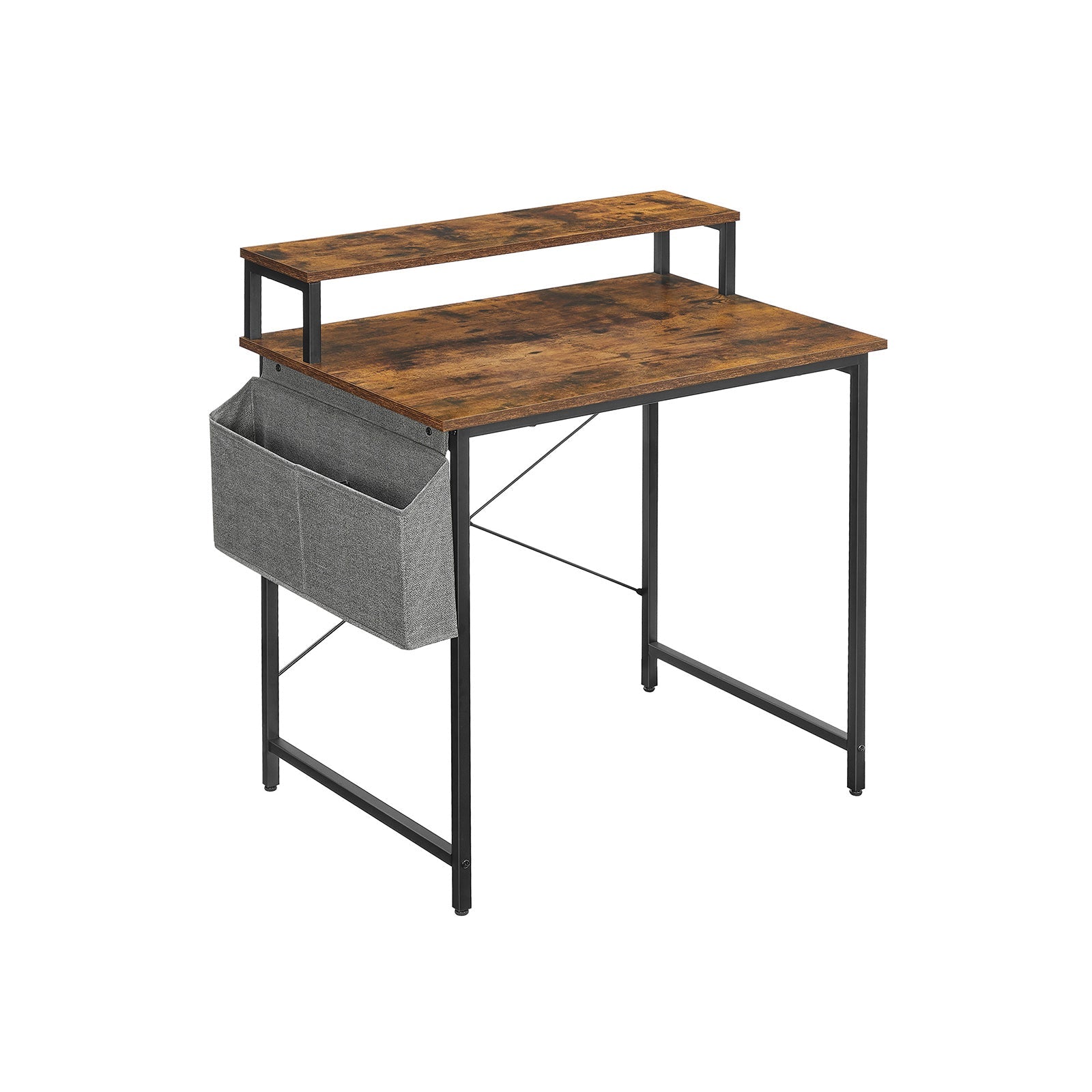 Small Computer Desk – Wood – Rustic Brown and Black – Includes Monitor Riser and Fabric Storage Bag