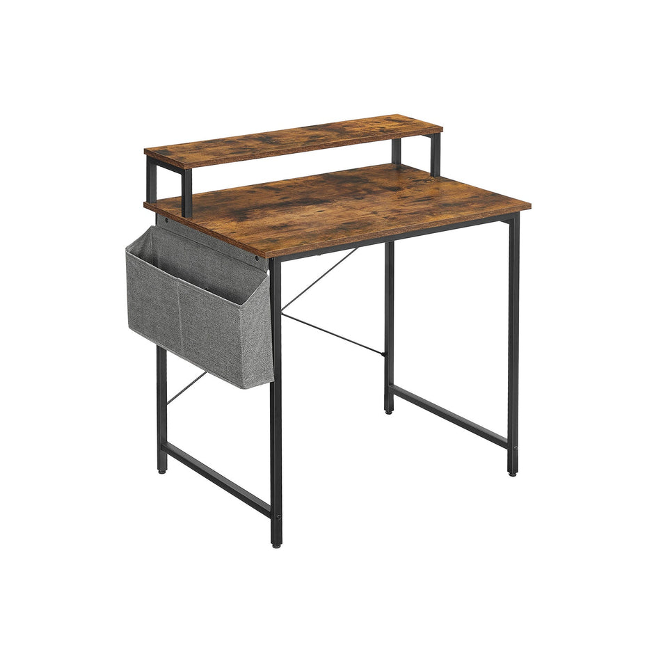 Small Computer Desk – Wood – Rustic Brown and Black – Includes Monitor Riser and Fabric Storage Bag