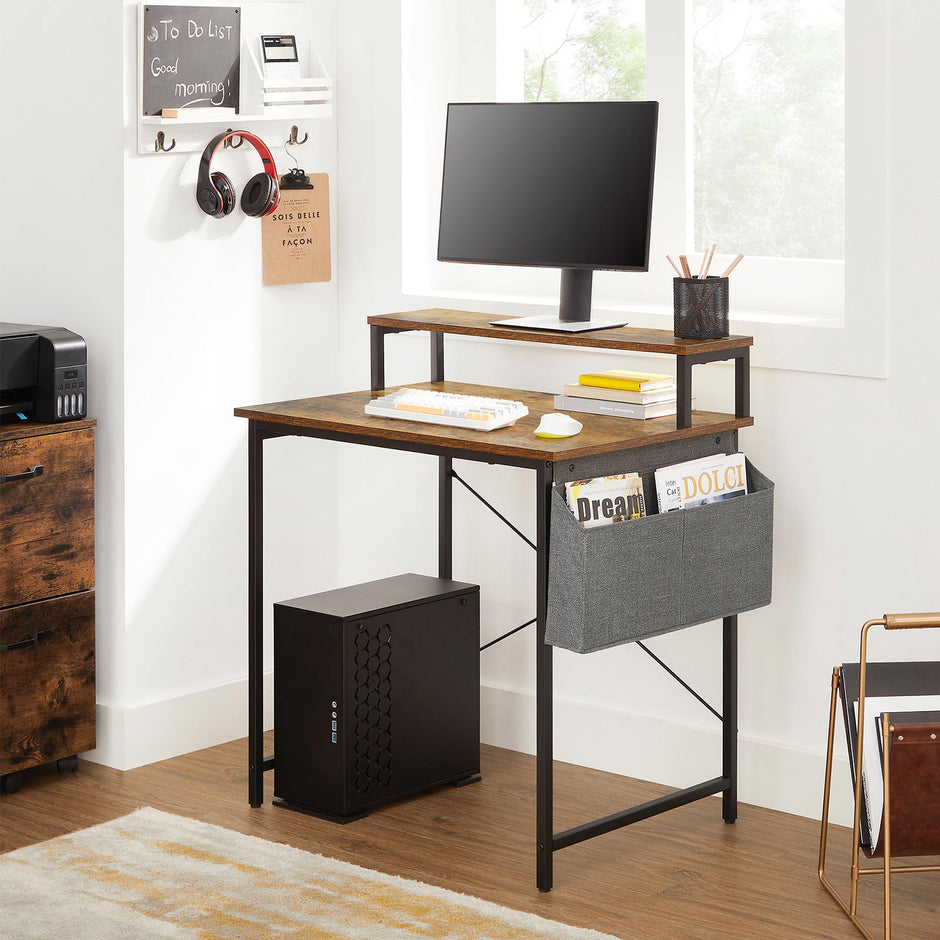 Small Computer Desk – Wood – Rustic Brown and Black – Includes Monitor Riser and Fabric Storage Bag