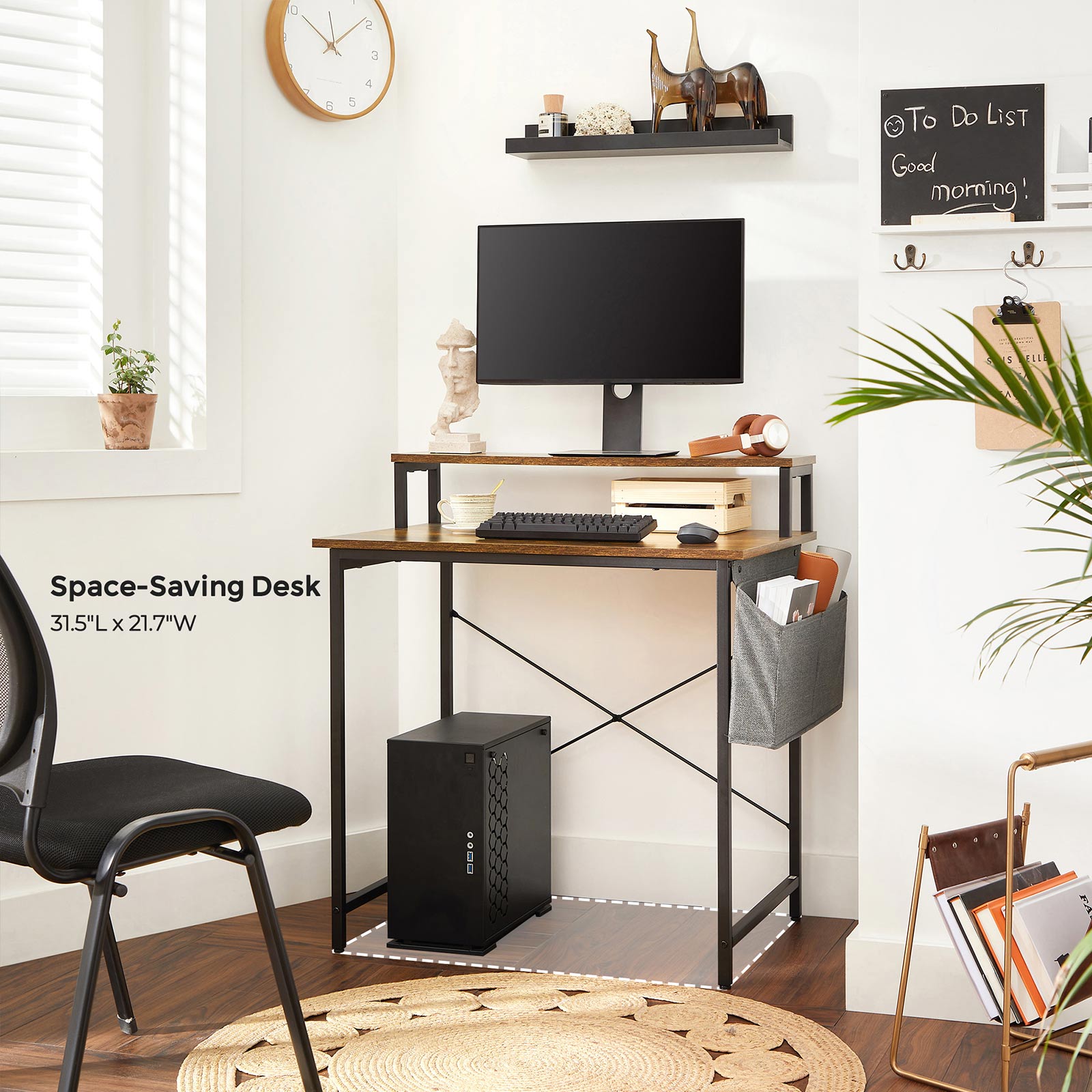 Small Computer Desk – Wood – Rustic Brown and Black – Includes Monitor Riser and Fabric Storage Bag