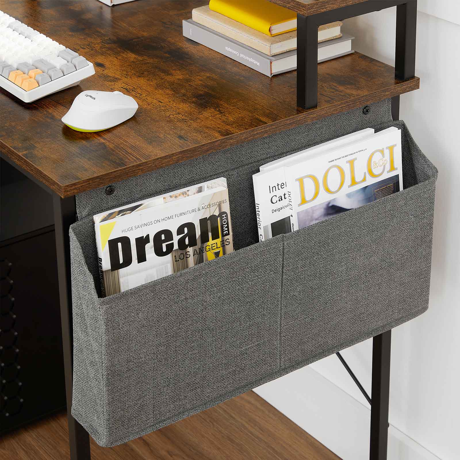 Small Computer Desk – Wood – Rustic Brown and Black – Includes Monitor Riser and Fabric Storage Bag