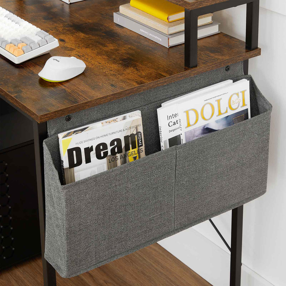 Small Computer Desk – Wood – Rustic Brown and Black – Includes Monitor Riser and Fabric Storage Bag