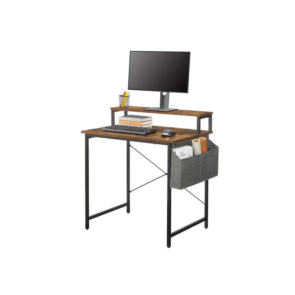 Small Computer Desk – Wood – Rustic Brown and Black – Includes Monitor Riser and Fabric Storage Bag