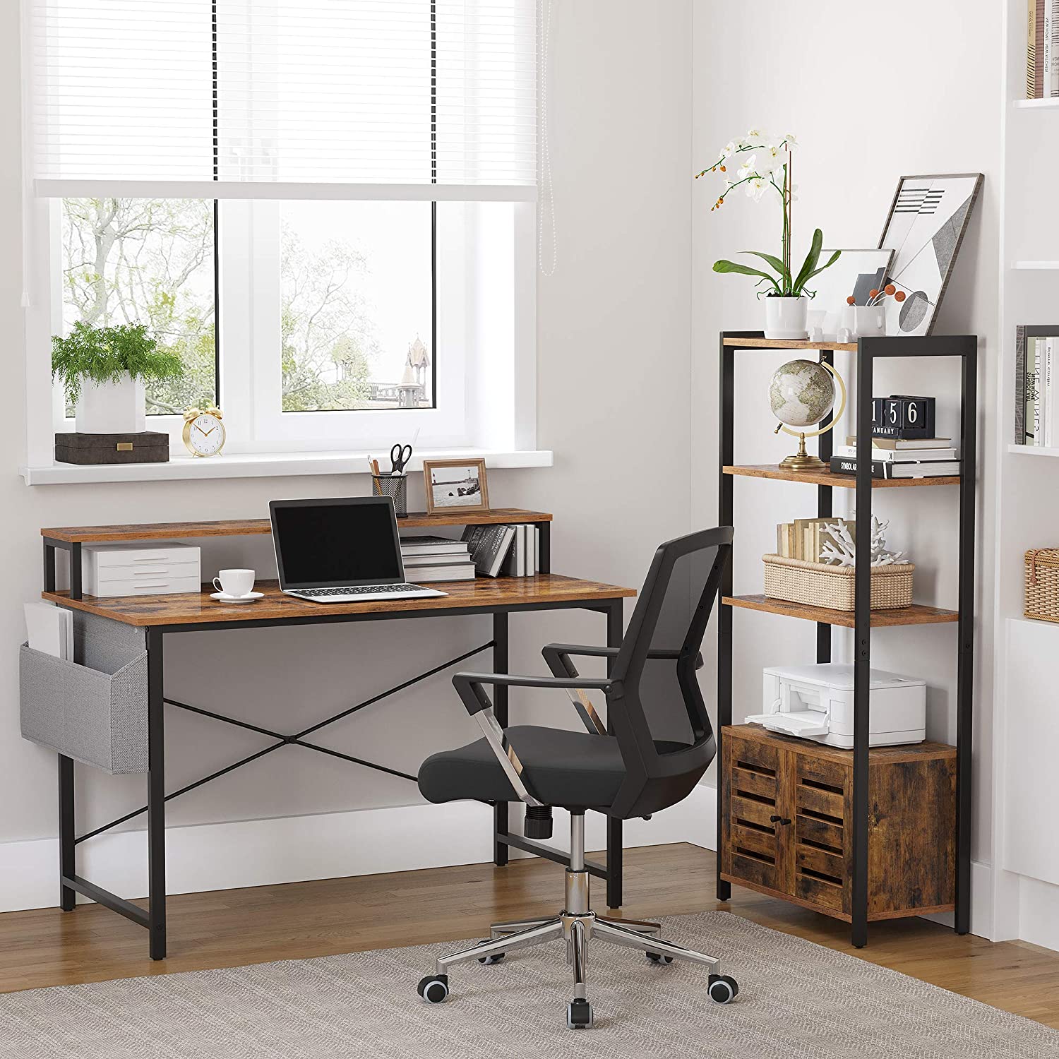 Computer Desk – Wood and Metal – Rustic Brown and Black – Adjustable Feet with Monitor Riser and Storage Bag