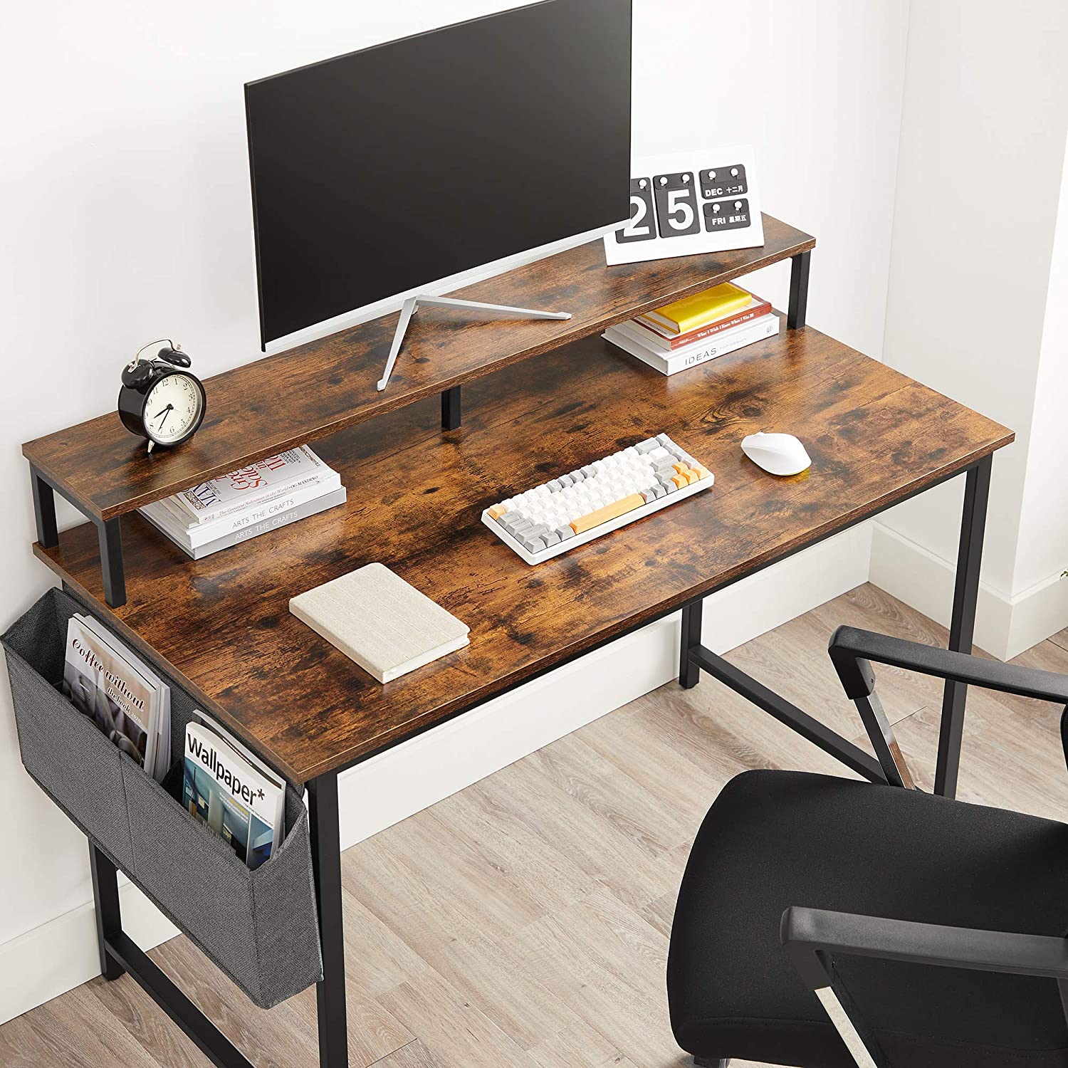 Computer Desk – Wood and Metal – Rustic Brown and Black – Adjustable Feet with Monitor Riser and Storage Bag