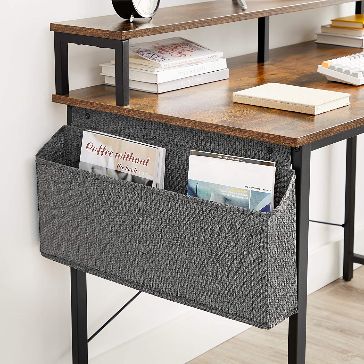 Computer Desk – Wood and Metal – Rustic Brown and Black – Adjustable Feet with Monitor Riser and Storage Bag