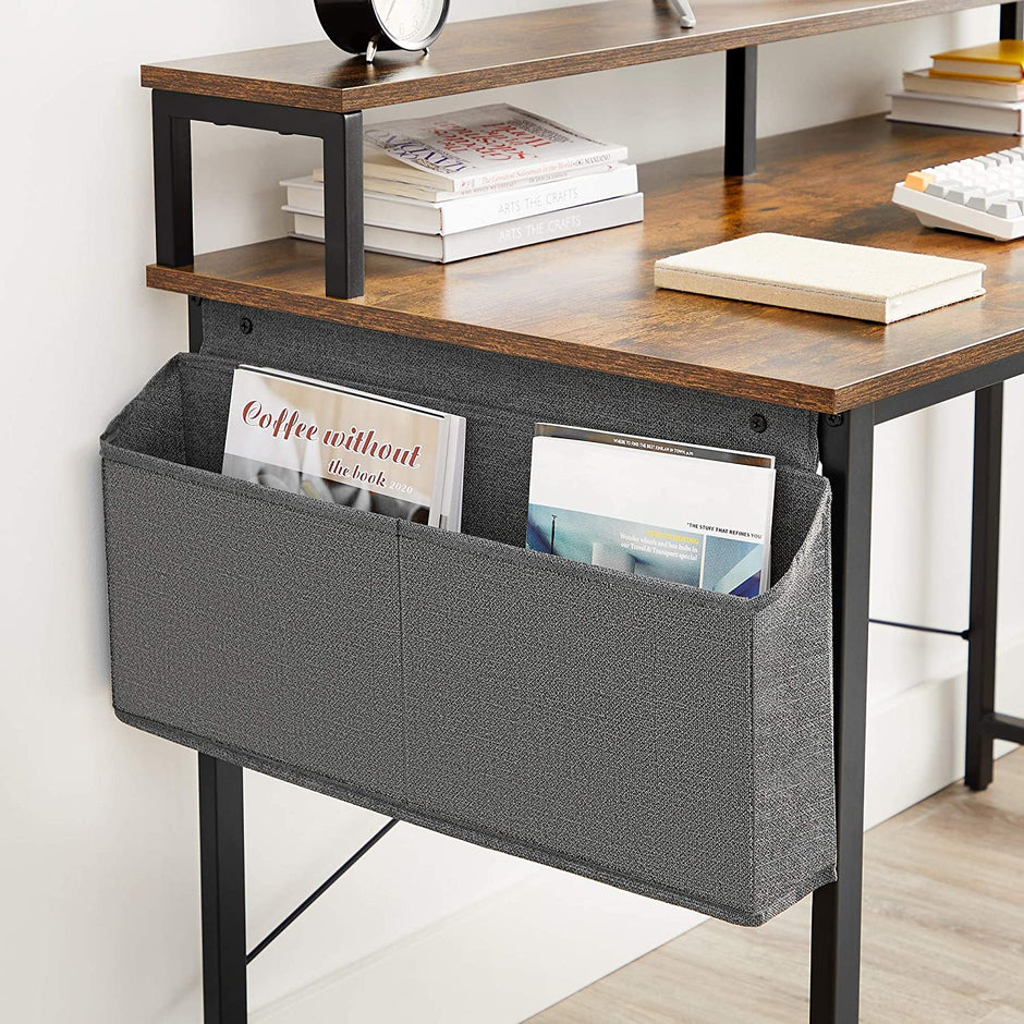 Computer Desk – Wood and Metal – Rustic Brown and Black – Adjustable Feet with Monitor Riser and Storage Bag
