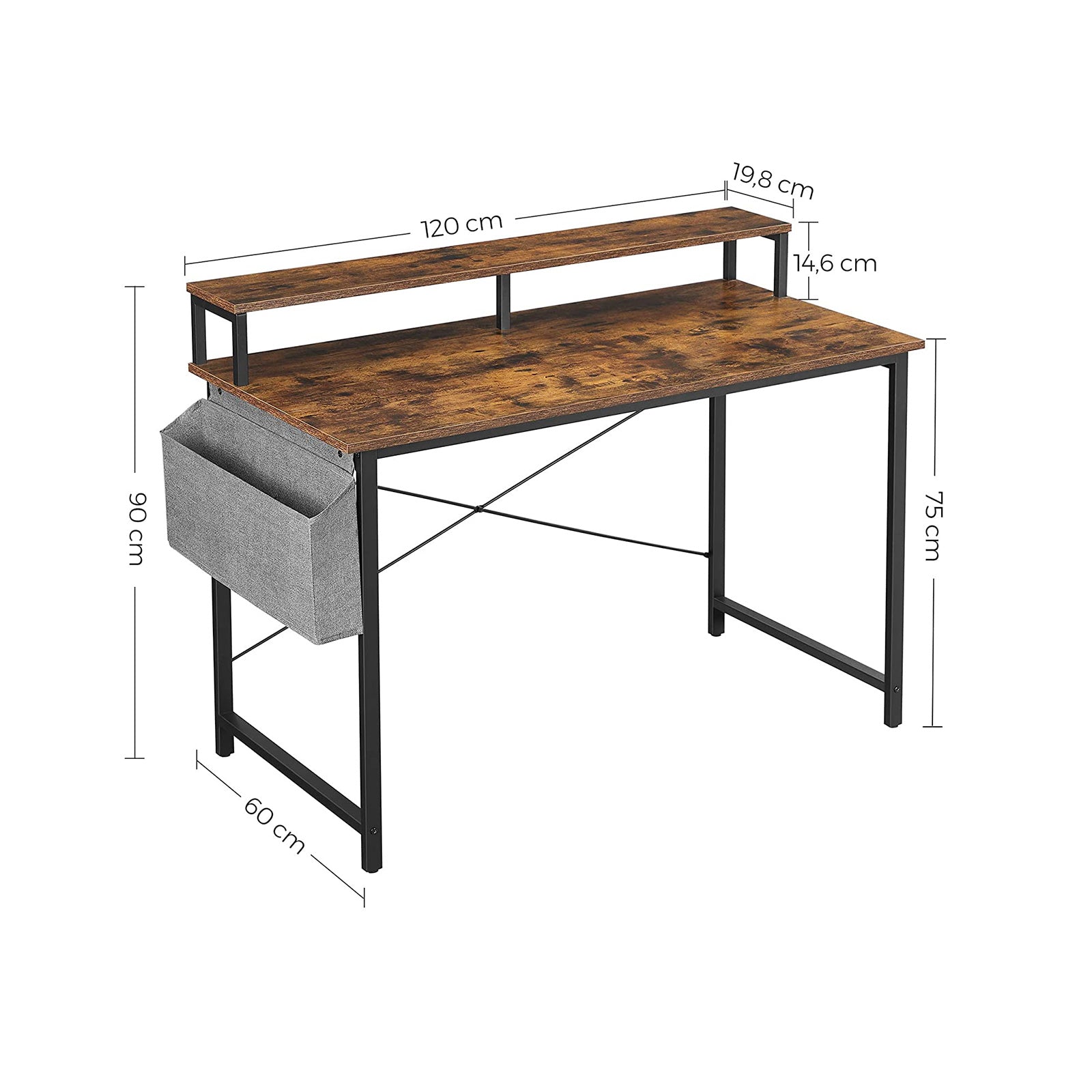 Computer Desk – Wood and Metal – Rustic Brown and Black – Adjustable Feet with Monitor Riser and Storage Bag