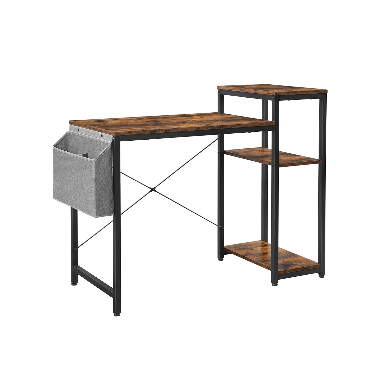 Writing Desk – Wood and Metal – Rustic Brown and Black – Reversible Shelves and Storage Bag