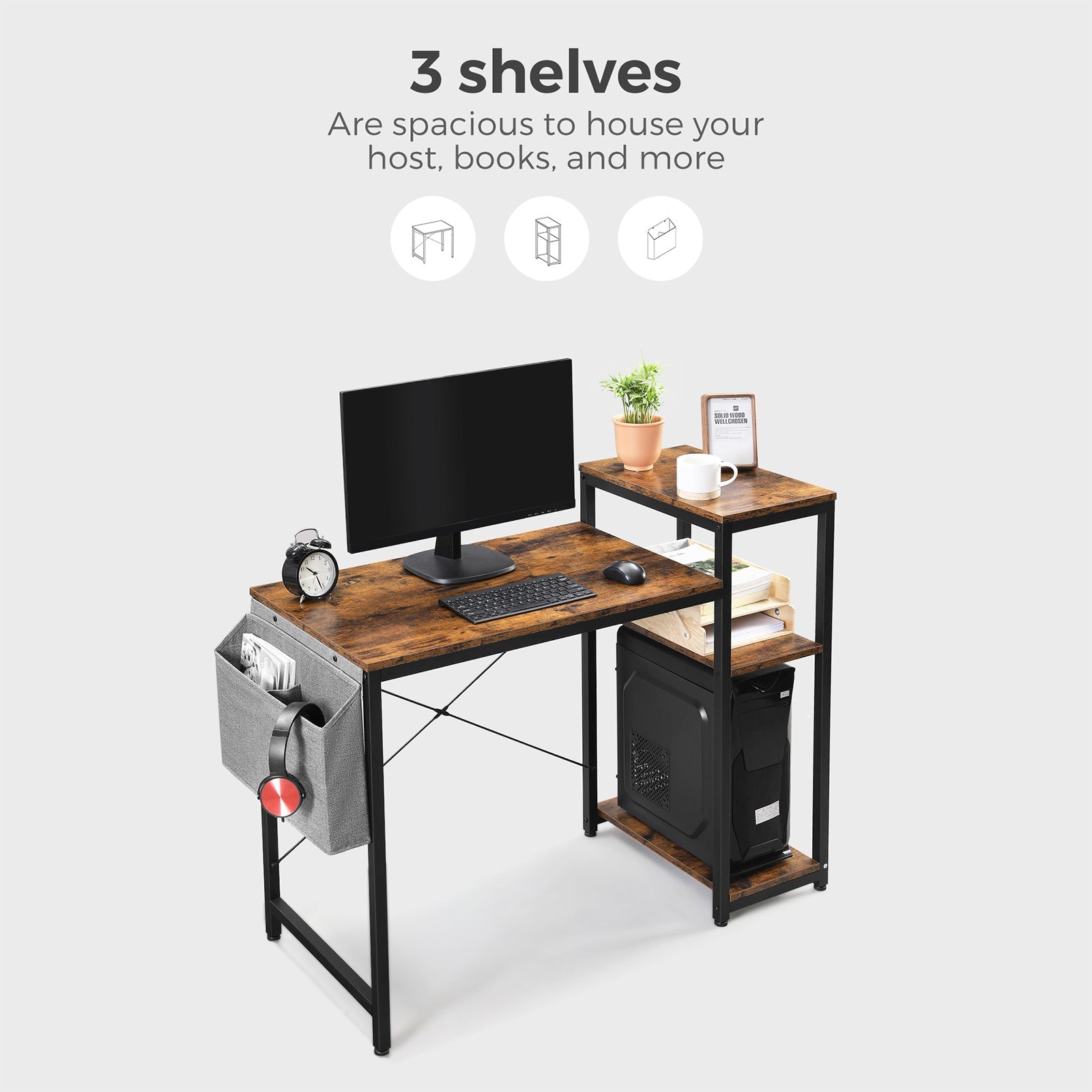 Writing Desk – Wood and Metal – Rustic Brown and Black – Reversible Shelves and Storage Bag