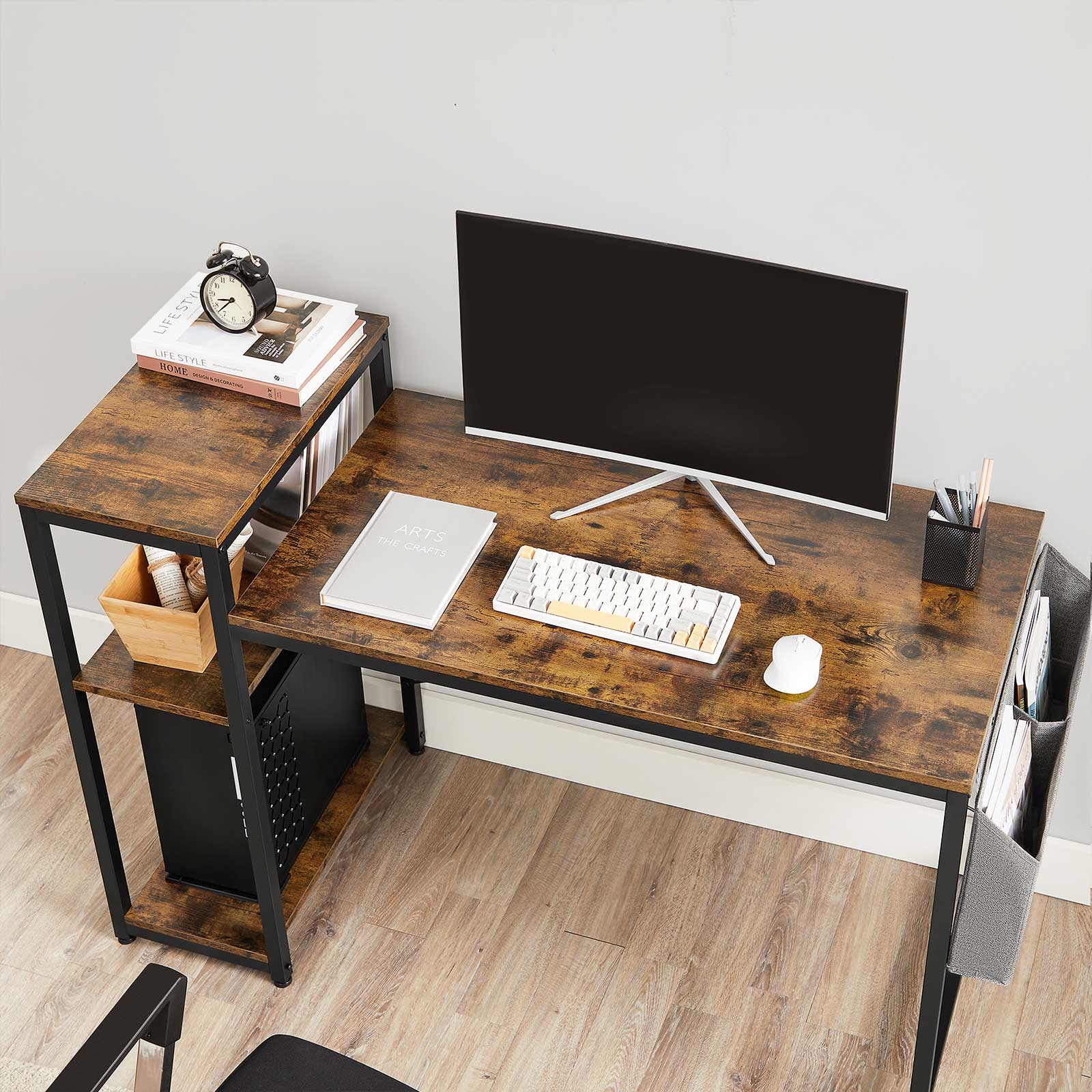 Writing Desk – Wood and Metal – Rustic Brown and Black – Reversible Shelves and Storage Bag
