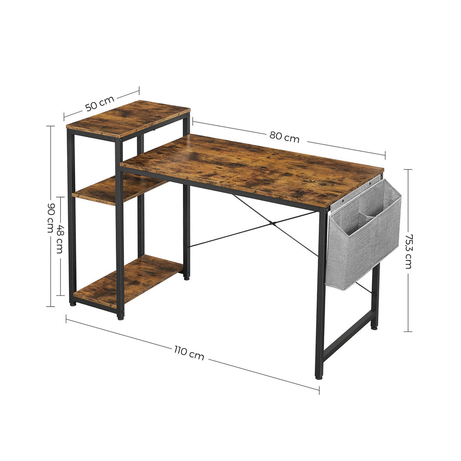 Writing Desk – Wood and Metal – Rustic Brown and Black – Reversible Shelves and Storage Bag