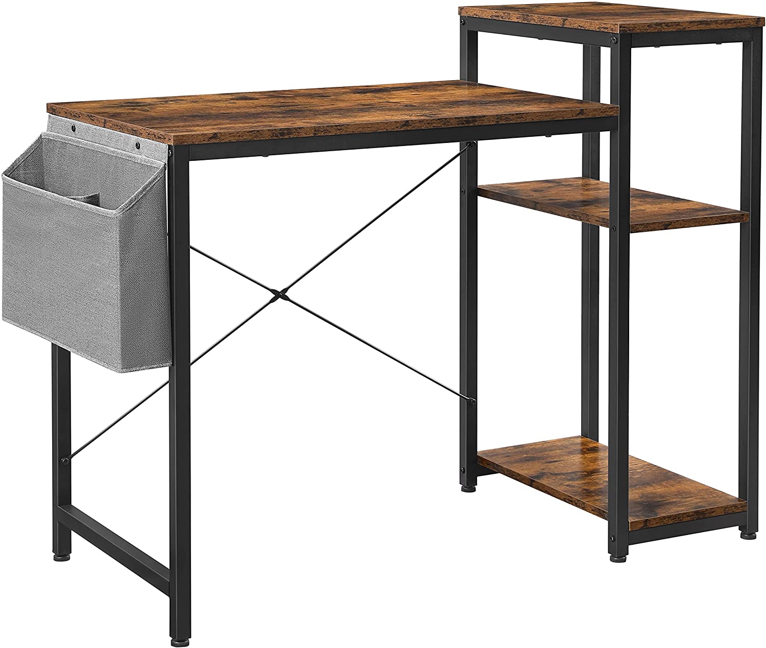 Computer Desk – Wood – Rustic Brown and Black – Reversible Shelves and Storage Bag