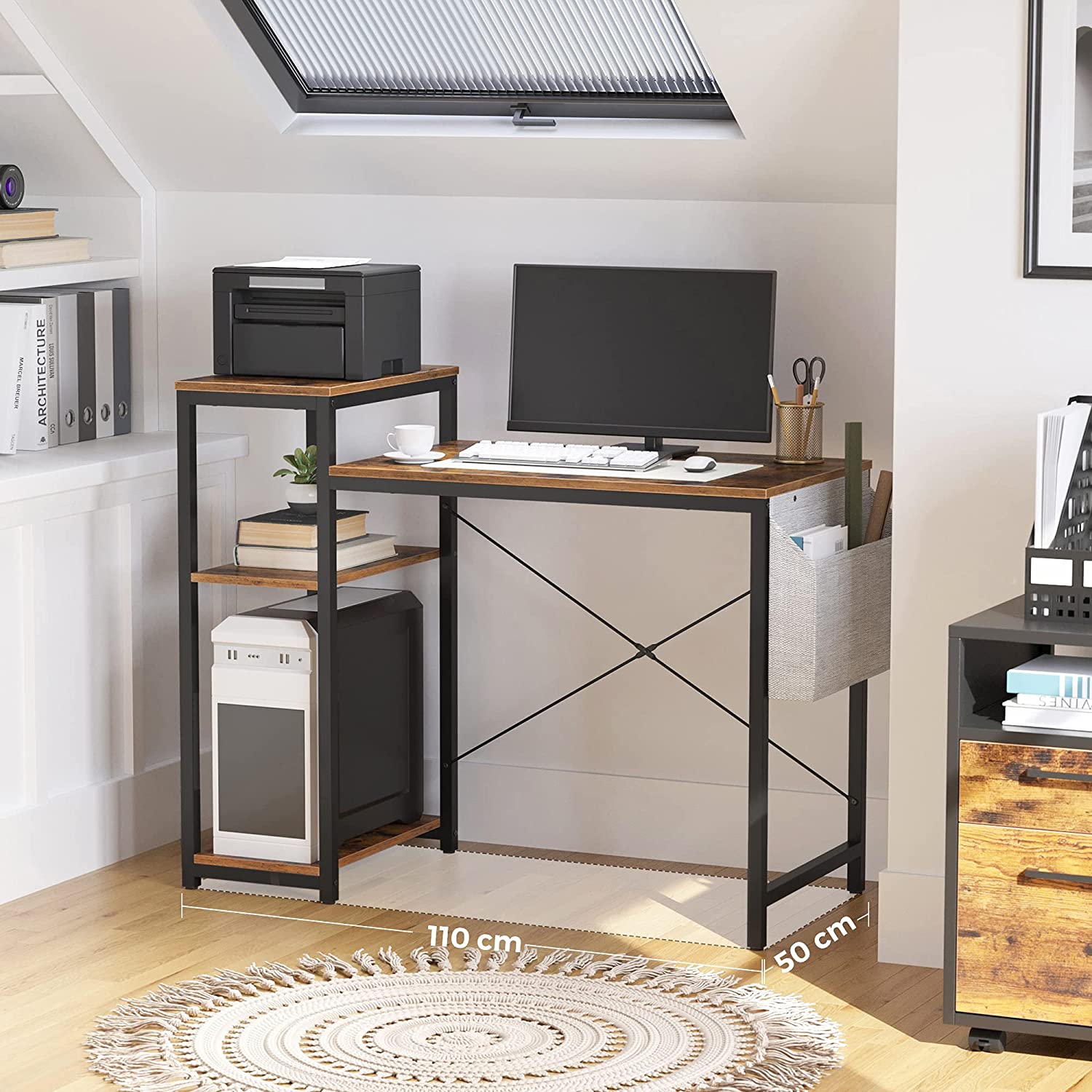 Computer Desk – Wood – Rustic Brown and Black – Reversible Shelves and Storage Bag