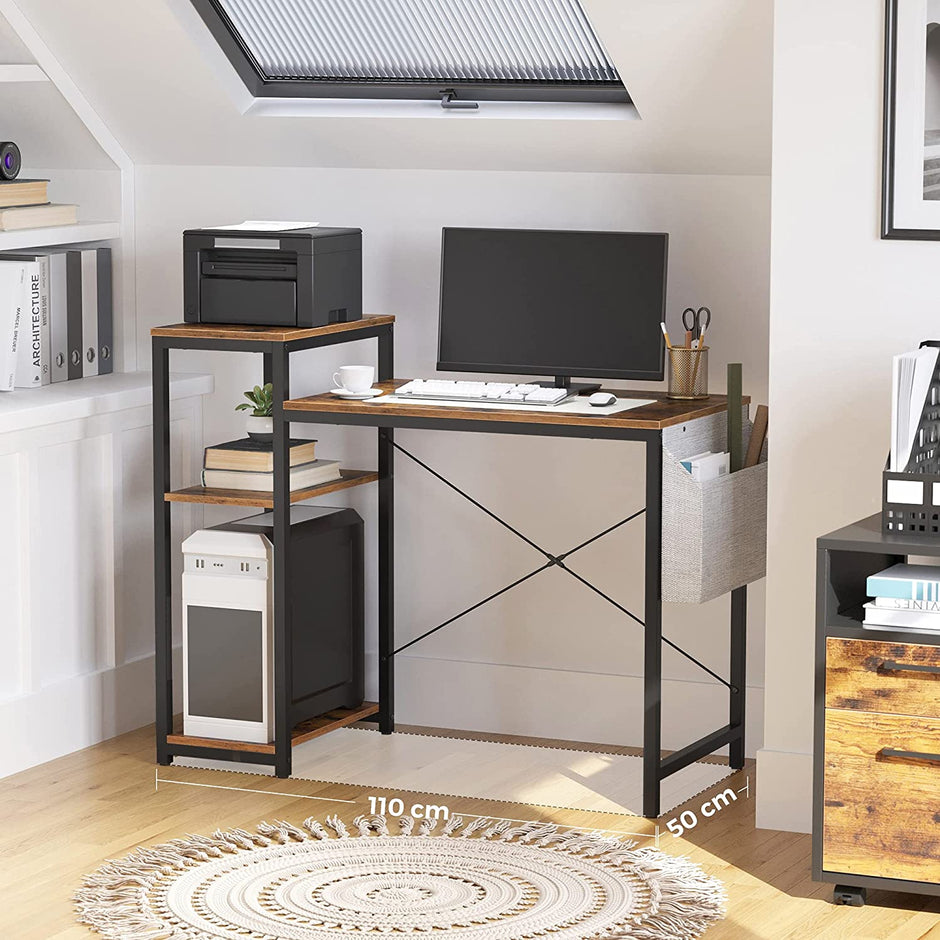 Computer Desk – Wood – Rustic Brown and Black – Reversible Shelves and Storage Bag