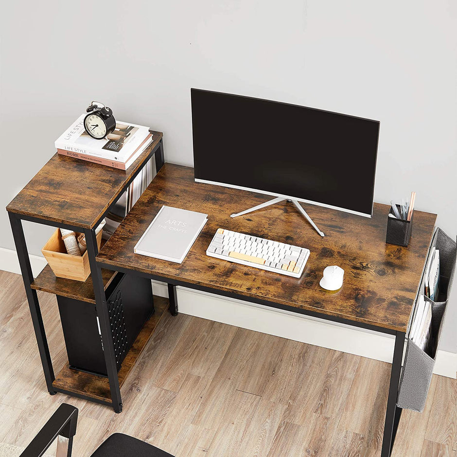 Computer Desk – Wood – Rustic Brown and Black – Reversible Shelves and Storage Bag