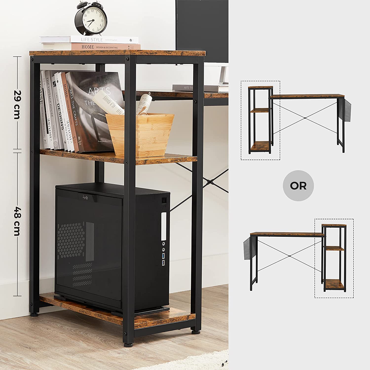 Computer Desk – Wood – Rustic Brown and Black – Reversible Shelves and Storage Bag