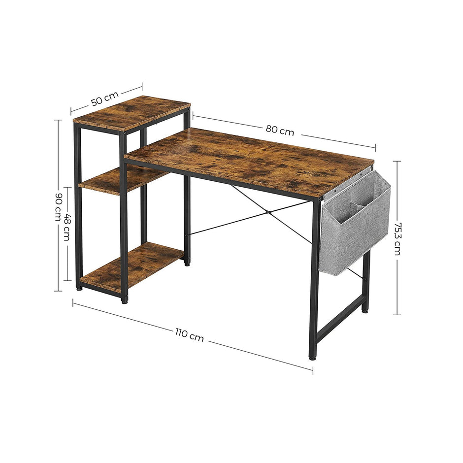 Computer Desk – Wood – Rustic Brown and Black – Reversible Shelves and Storage Bag