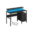 Gaming Desk – Wood – Ebony Black – LED Lights with Built-In Power Outlets and Monitor Shelf
