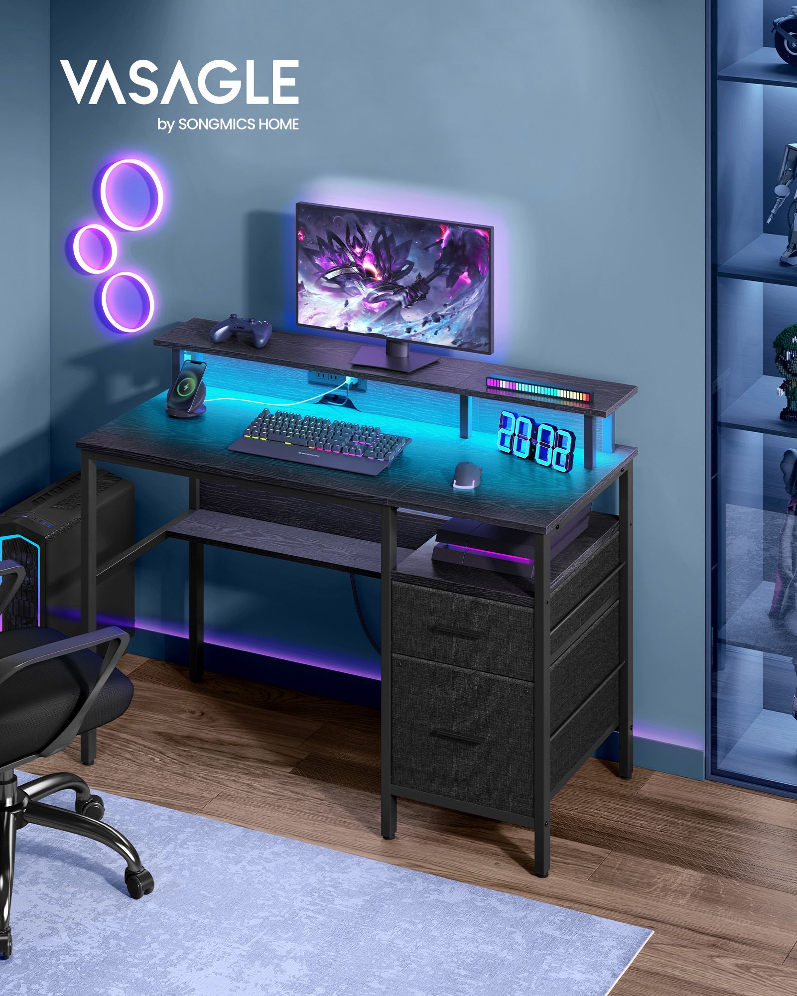 Gaming Desk – Wood – Ebony Black – LED Lights with Built-In Power Outlets and Monitor Shelf