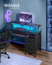 Gaming Desk – Wood – Ebony Black – LED Lights with Built-In Power Outlets and Monitor Shelf