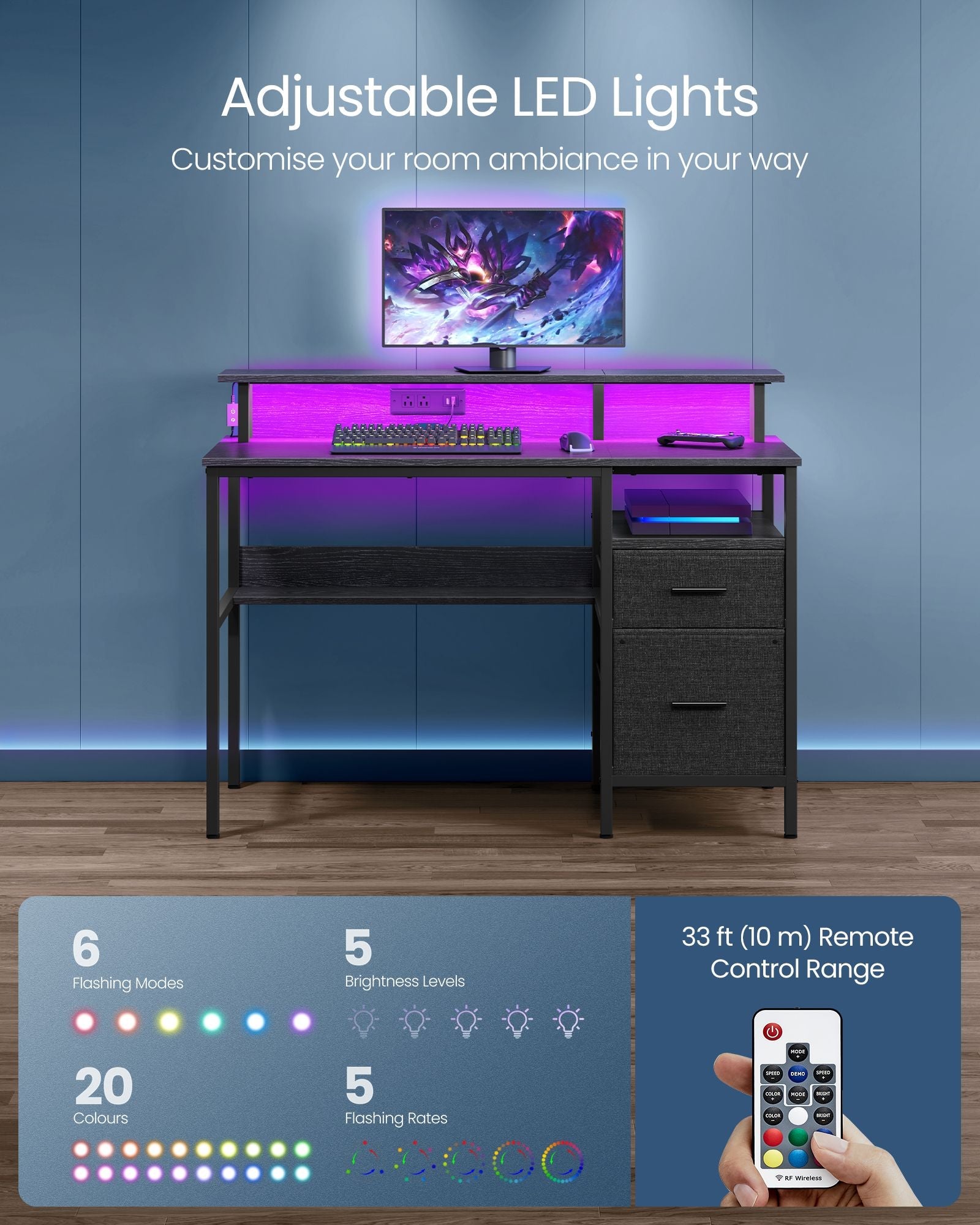 Gaming Desk – Wood – Ebony Black – LED Lights with Built-In Power Outlets and Monitor Shelf