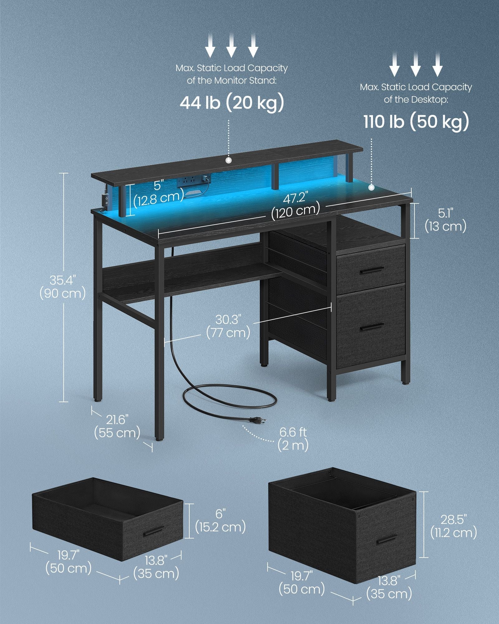 Gaming Desk – Wood – Ebony Black – LED Lights with Built-In Power Outlets and Monitor Shelf