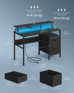 Gaming Desk – Wood – Ebony Black – LED Lights with Built-In Power Outlets and Monitor Shelf