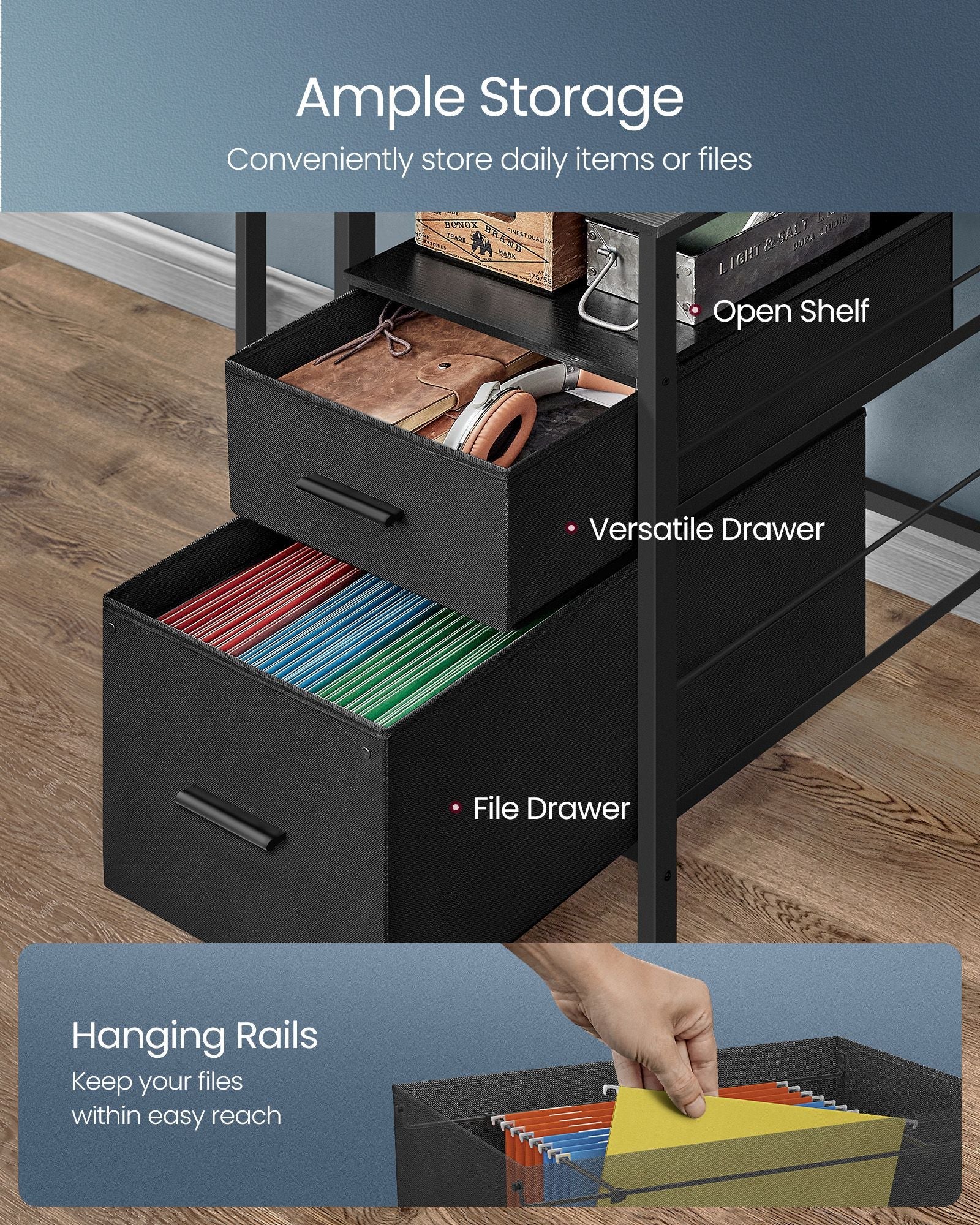 Gaming Desk – Wood – Ebony Black – LED Lights with Built-In Power Outlets and Monitor Shelf