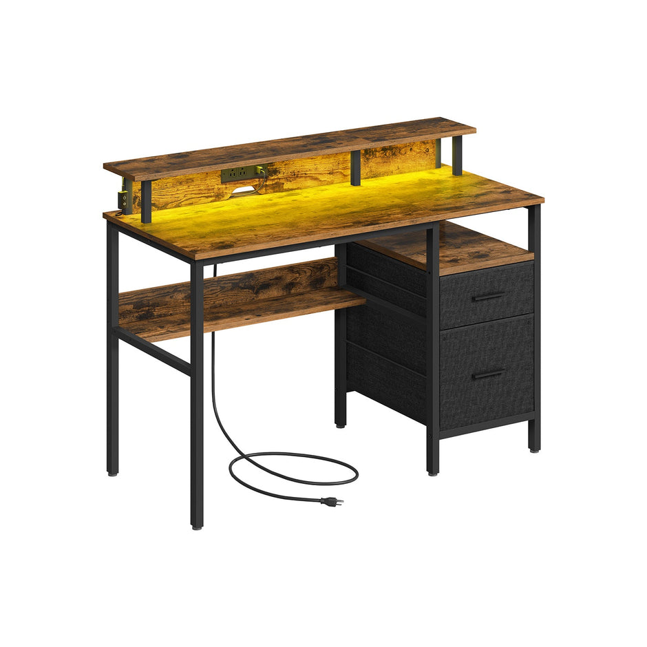 Gaming Desk – Wood – Rustic Brown – LED Lights, Built-In Power Outlets, Monitor Shelf, 2 Drawers, USB Ports