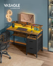 Gaming Desk – Wood – Rustic Brown – LED Lights, Built-In Power Outlets, Monitor Shelf, 2 Drawers, USB Ports