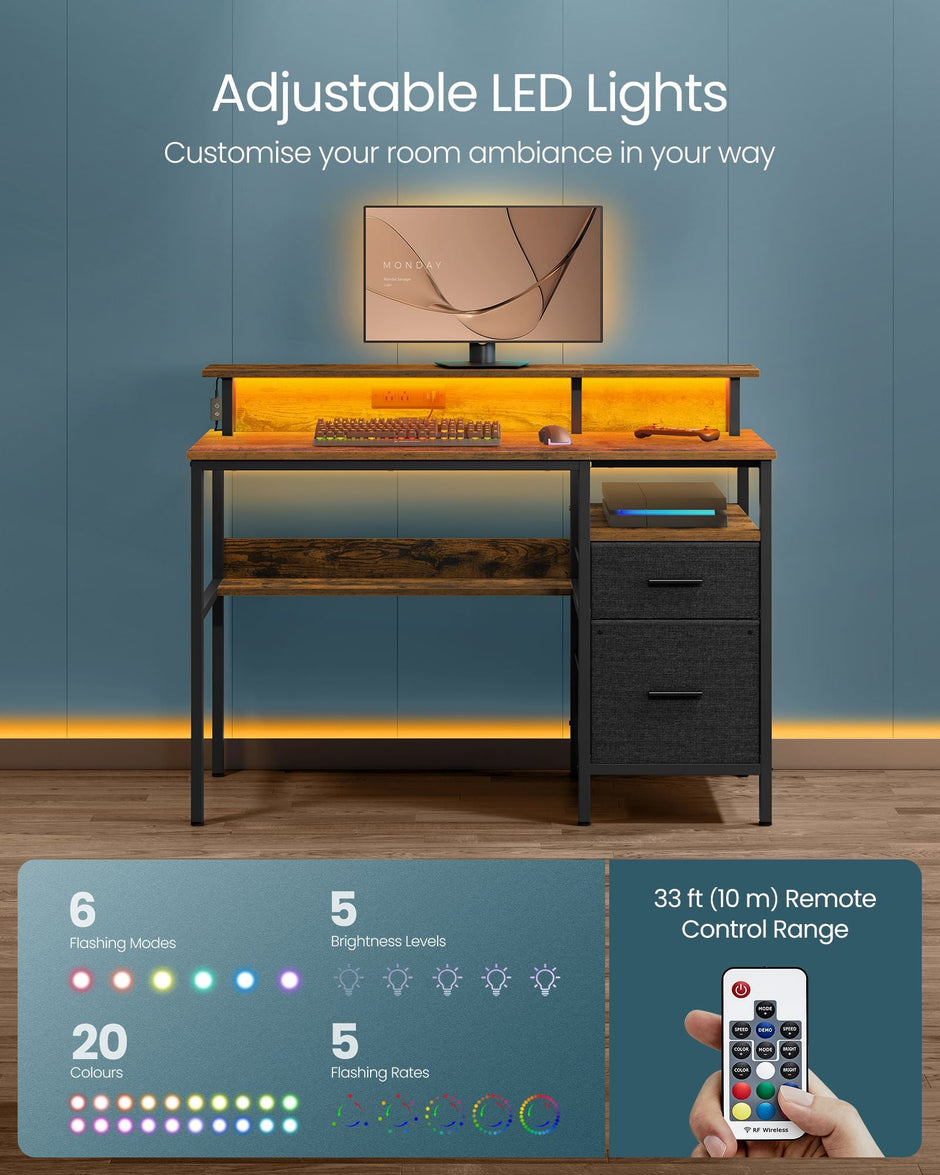Gaming Desk – Wood – Rustic Brown – LED Lights, Built-In Power Outlets, Monitor Shelf, 2 Drawers, USB Ports